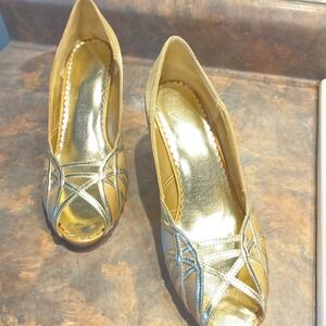 Unbranded Peep Toe Pumps Womens 7M Gold Excellent Satin Metallic Formal Heels